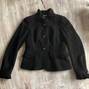 JCrew black, wool jacket with ruffle detail